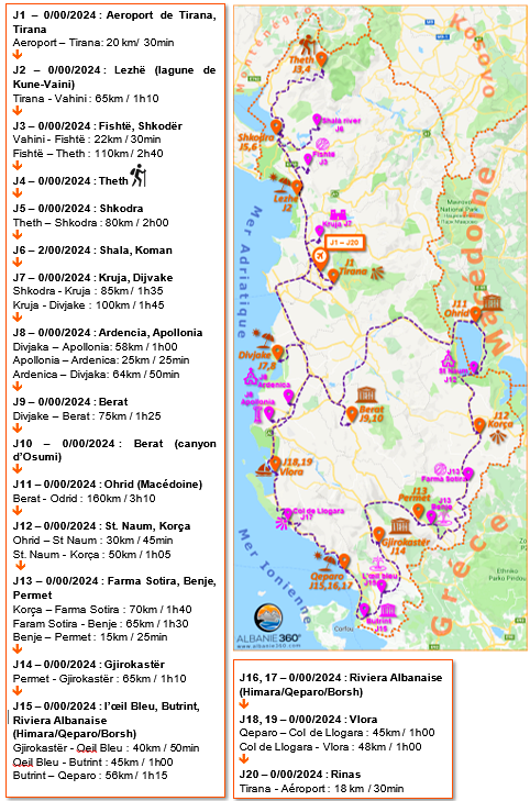 Carte Circuit Grand Angle : Du Nord sauvage au Sud ensoleillé de l’Albanie